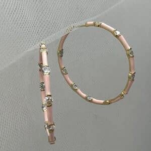 Pendientes aros de plata chapada en oro amarillo de esmalte rosa y circonitas