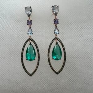 Pendientes largos de plata chapados en oro rosa de circonitas de colores