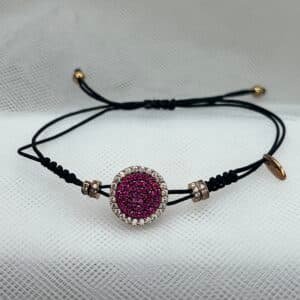 Pulsera de cordón negro de macramé con circulo chapado en oro rosa y circonitas rosas,,