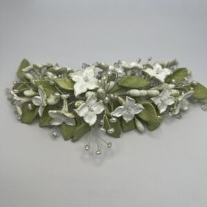 Tocado flores y hojas de porcelana con cuentas de cristal