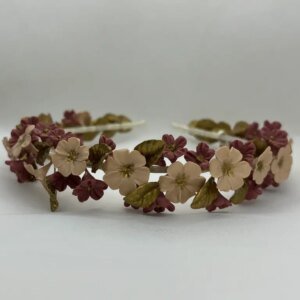 Tocados diadema de flores de porcelana tonos beige, rosa y dorados