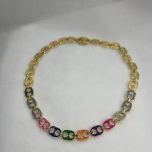 Collar de plata chapado en oro amarillo de eslabones con distintos colores de esmalte y circonitas